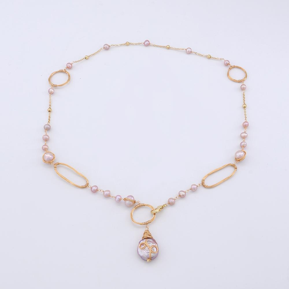 2022 Trendy Necklace Natural Freshwater Pearl Chain Necklace Hollowed Cut Handmade Jewelry for Women
