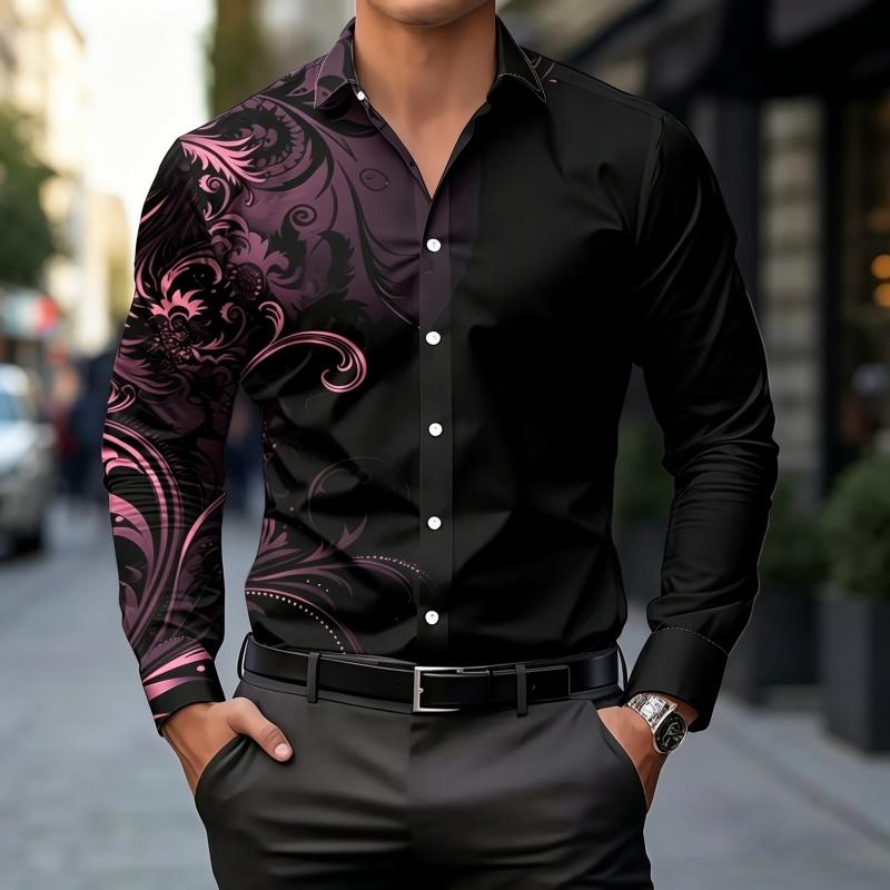 Men s shirt with contrasting printed shirt, slim fit long sleeved shirt, casual trendy men s clothing, comfortable fabric S