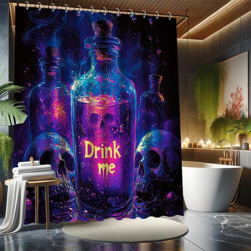 Fantasy Skull Shower Curtain Set - Gothic Potion And Skull Design, Polyester, Non-Slip Bath Mat, Toilet Seat Cover, U-Shaped Rug
