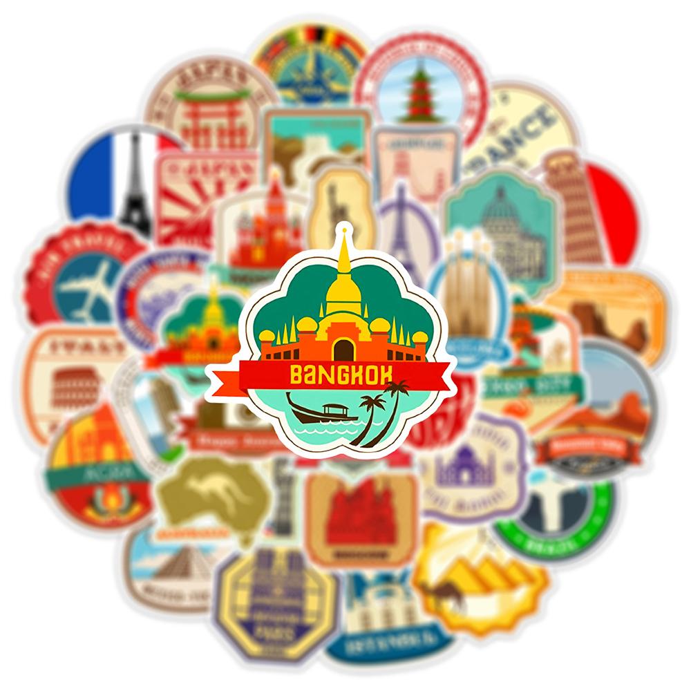 10/30/50pcs Retro World Travel City Landmark Stickers Cartoon Landscape Decals DIY Water Bottle Phone Luggage Sticker Decoration