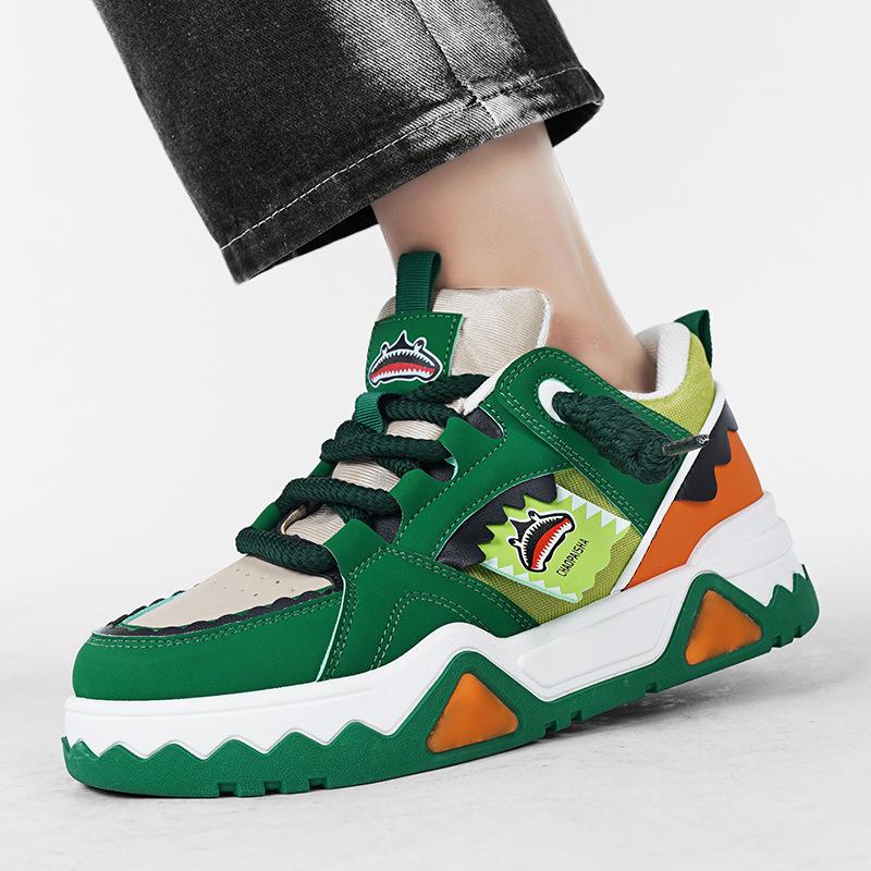 Autumn Sports Board Shoes Fashion Color Matching Leather Surface Thick Sole Height Increase Low Top Tide Casual Shoes Men'S Shoes