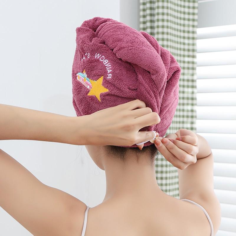 Women's Coral Fleece Embroidery Bath Cap - Soft, Absorbent, Thick Dry Hair Towel Wrap