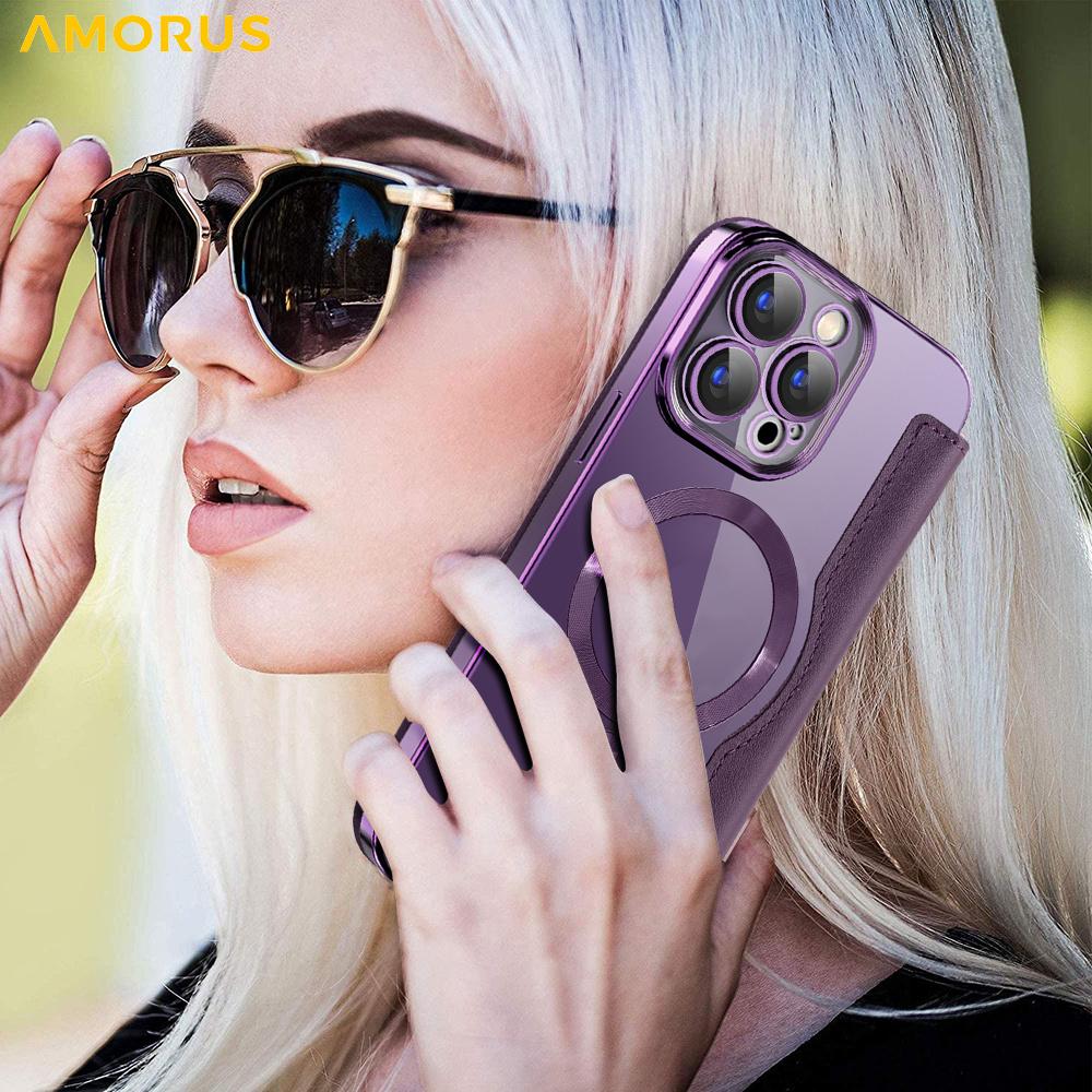 For iPhone 15 Pro Case Compatible with MagSafe RFID Blocking Card Holder Leather Phone Cover