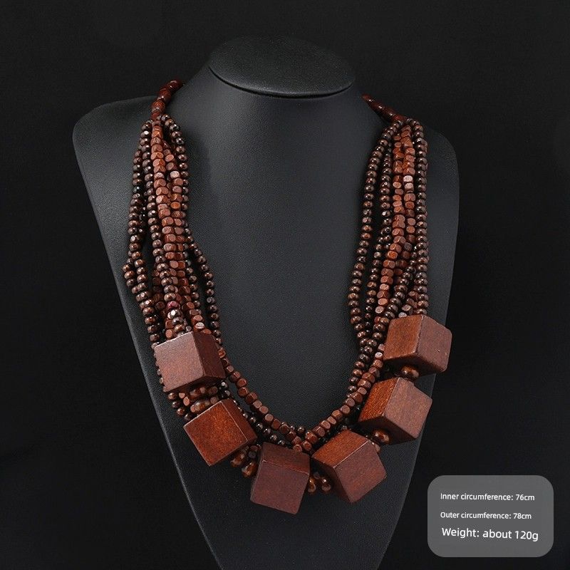 Retro Ethnic Style Wooden Necklace Fashion Style Bohemia Long Stylish Multi-Layer Sweater Chain Performance Accessories Women