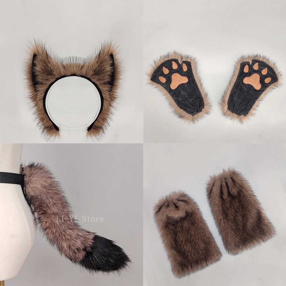 Werewolf Costume Accessories Set - Wolf Ears Headband, Paw Gloves & Tail, Furry Leg Warmer, Anime Cosplay Prop For Party & Stage