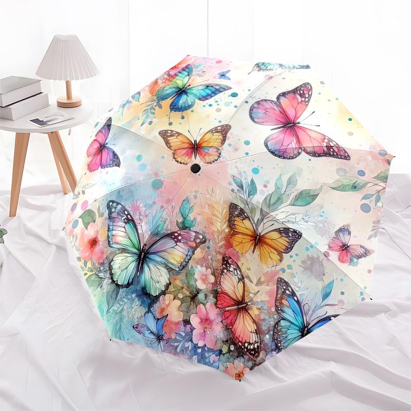 1pc Colorful Butterflies Watercolor Floral Umbrella with Plastic Handle,Vibrant Cartoon Pattern,Multi-functional UmbrellaB1977