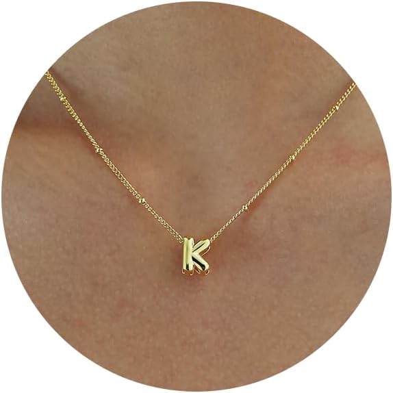 Bubble Letter Necklace Gold, Dainty Initial Necklaces for Women 14K Gold Plated Small A to Z Name Necklace Personalized Simple Initial Pendant Cute