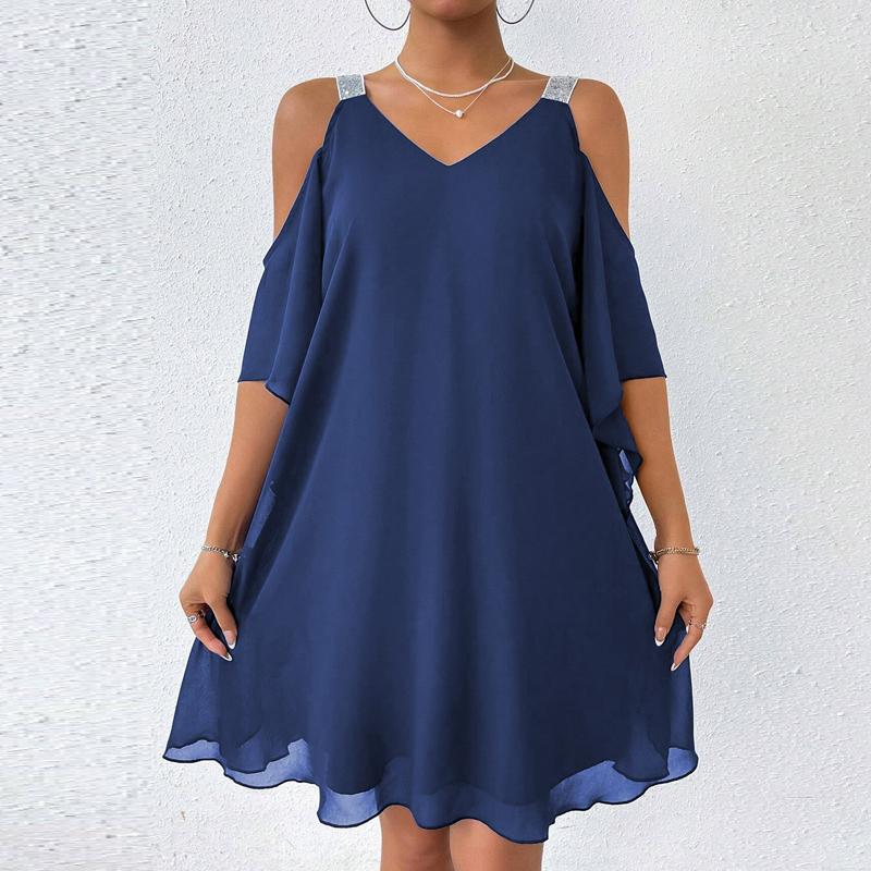

Women Dresses 2025 Summer Short Sleeve V-Neck Ruffles Chiffon Women Dress J892 XL темно-синього кольору