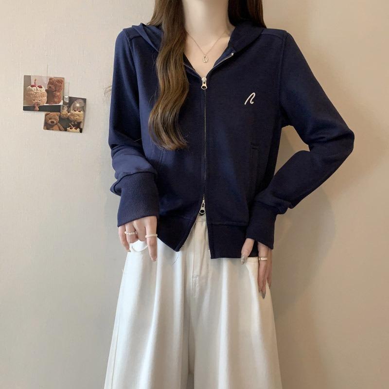 Real shot embroidered zipper cardigan hooded sweater women s thin short slim top jacket 2XL темно-синий 2980₽