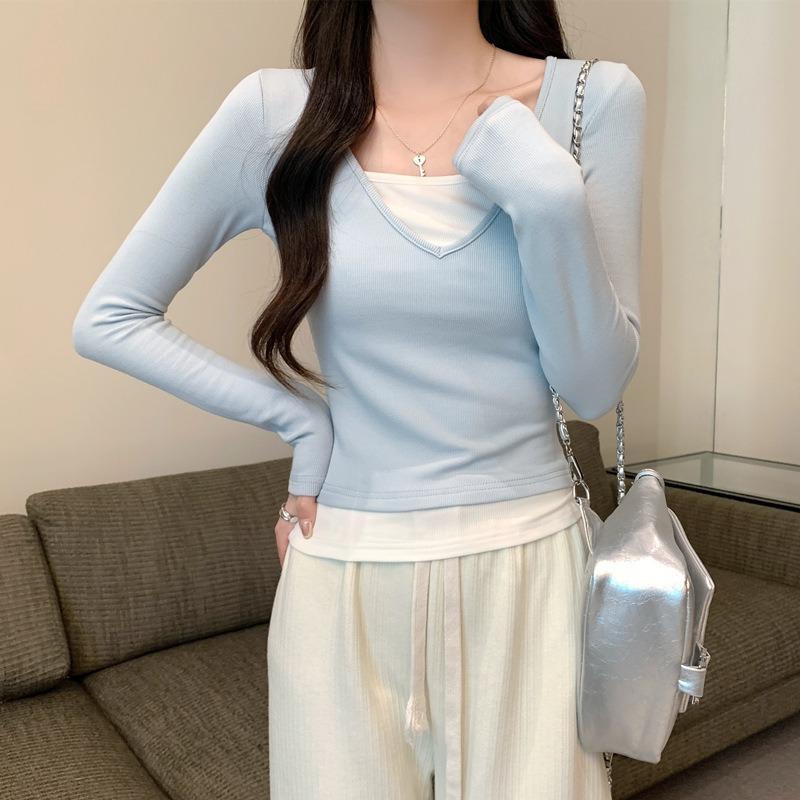 Spring new tight and thin chic white sky blue fake two-piece collar long-sleeved women's pure desire commuter top