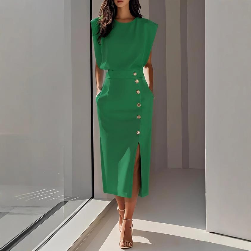 Women's White Sleeveless Blazer Top with Wide Shoulder Pads and Matching Midi Skirt Set