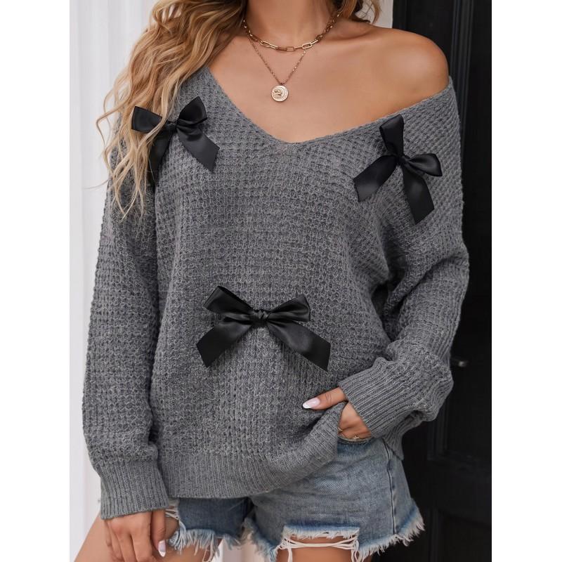 Womens Early Fall Sweater Sexy V-Neck Backless Tie Knit Top Bow Patchwork Streetwear