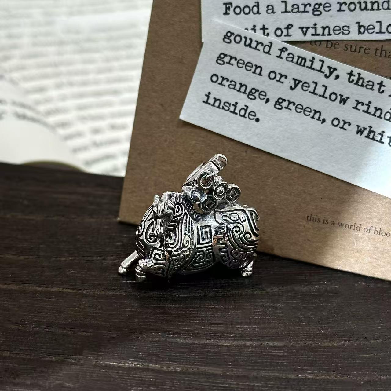 

S925 Sterling Silver Ancient Tang Style Mahjong Pendant with Year of the Horse Charm for Prosperity. 925 Silver