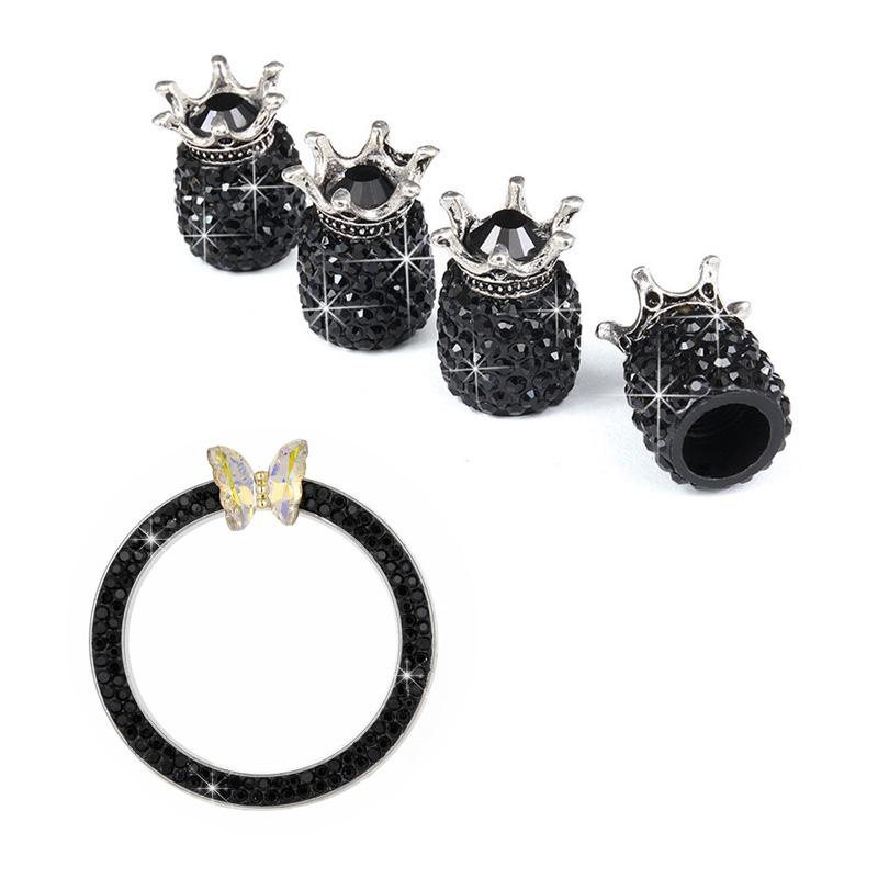 5PCS Bling Car Tire Valve Cap Clay ABS Diamond Crown Auto Wheel Caps And Rhinestone One Click Start Button Engine Decoration