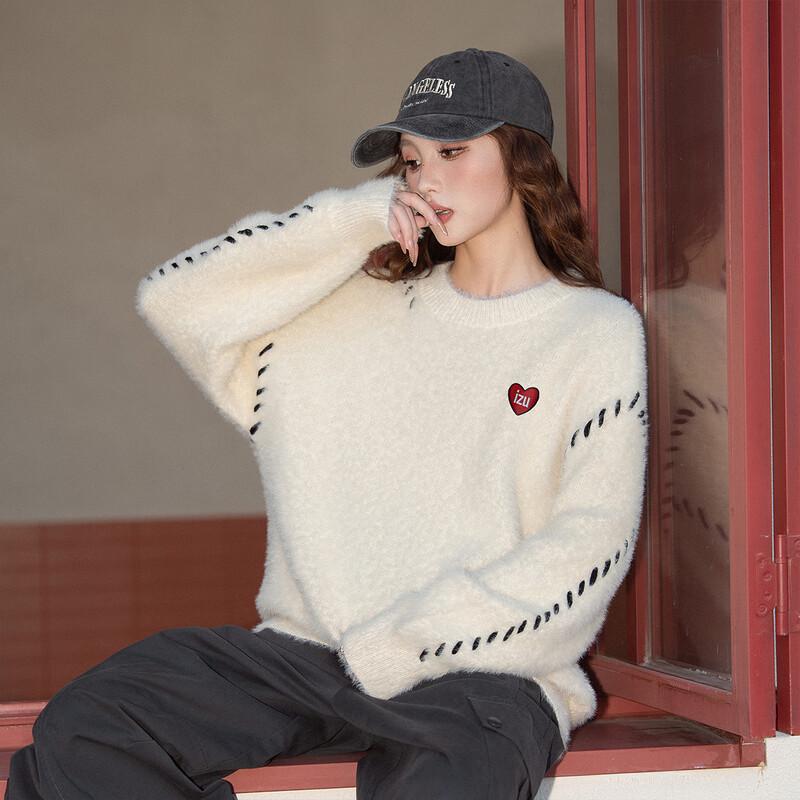 Izzue i.t Women's Love Heart Pattern Loose Round Neck Sweater