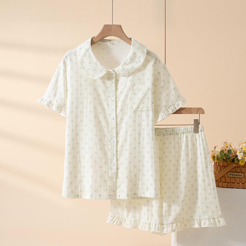 Polka dot pajamas women's summer pure cotton two-piece set doll collar short-sleeved shorts sweet student loungewear can be worn outside