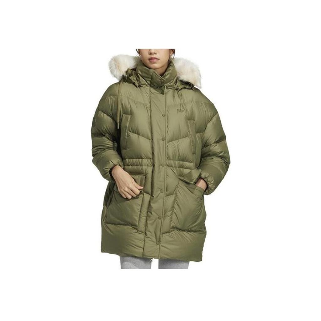 adidas Originals Down Jacket Solid Color Zipper Stand Collar Hooded Duck Down Coat Women Jackets Green HS9515