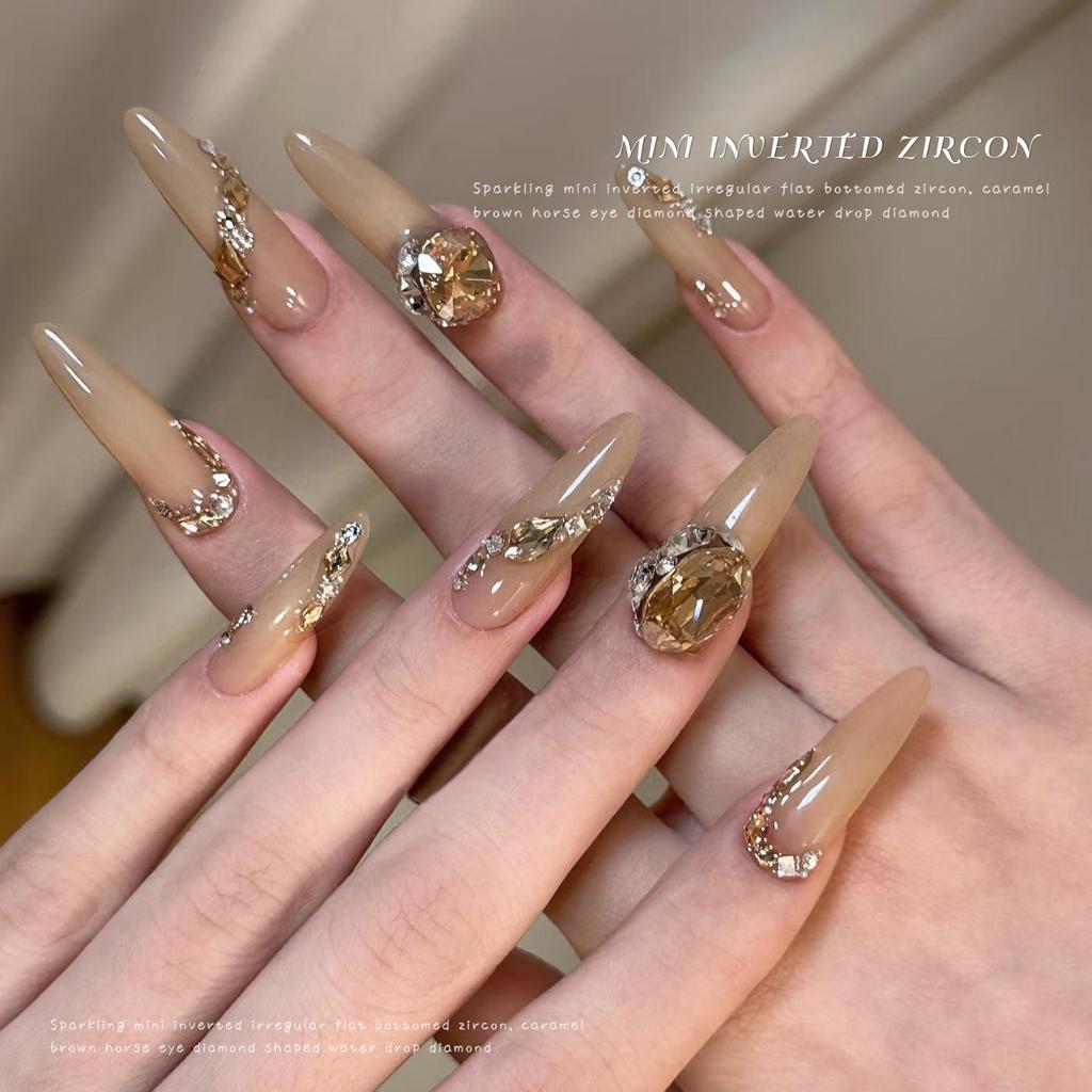 Caramel Brown Sparkling Zirconia Nail Art Decorations: Mini Marquise, Water Drop, and Heart Shapes