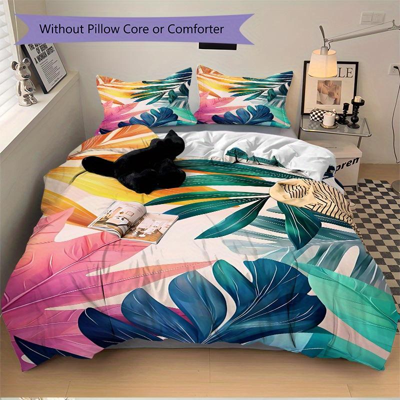 3Pcs Tropical Leaves Printed Bedding Set, Breathable And Soft,(Includes 1 Duvet Cover And 2 Pillowcases, Quilt Not Included) Yy250815177