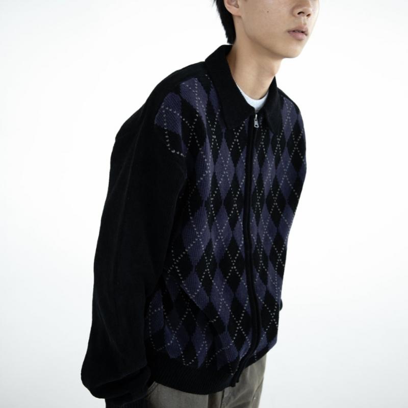 ThIs Is Never That Argyle Zip Knit Cardigan Black