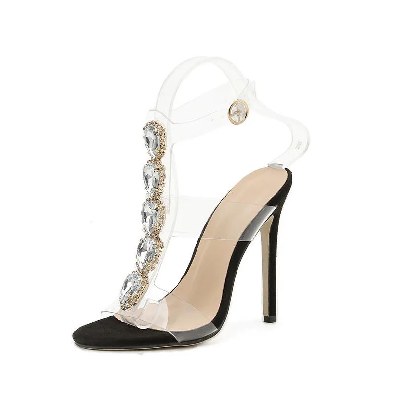 

2024 Солодкий стиль зі стразами Прикраса з гострим носком Тонкий високий каблук Жіноче розкішне вечірнє взуття Модні босоніжки з ПВХ на щиколотці з пряжкою на ремінці 41 чорний
