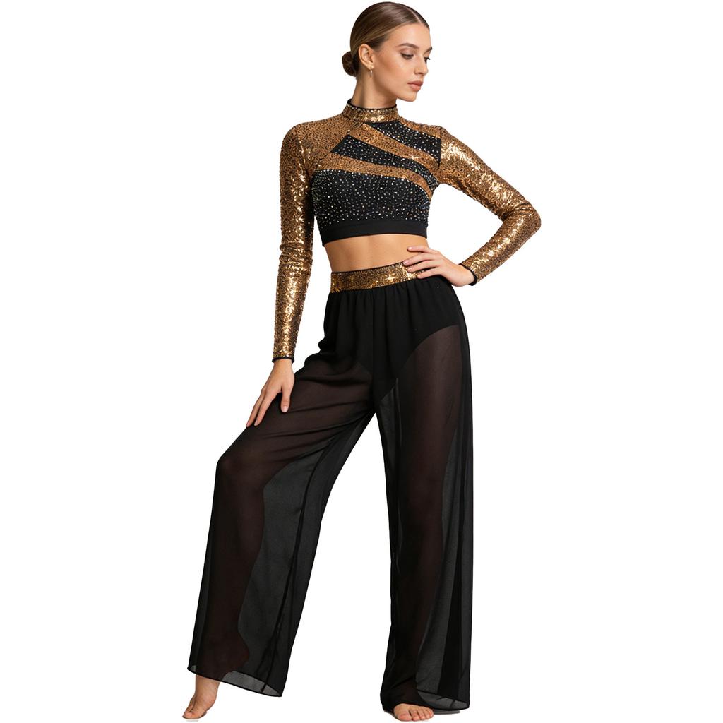 S-XXL Women Two-Piece Lyrical Dance Outfit Mock Neck Long Sleeve Cutout Back Sequins Rhinestones Crop Top with Side Split Sheer Chiffon Pants