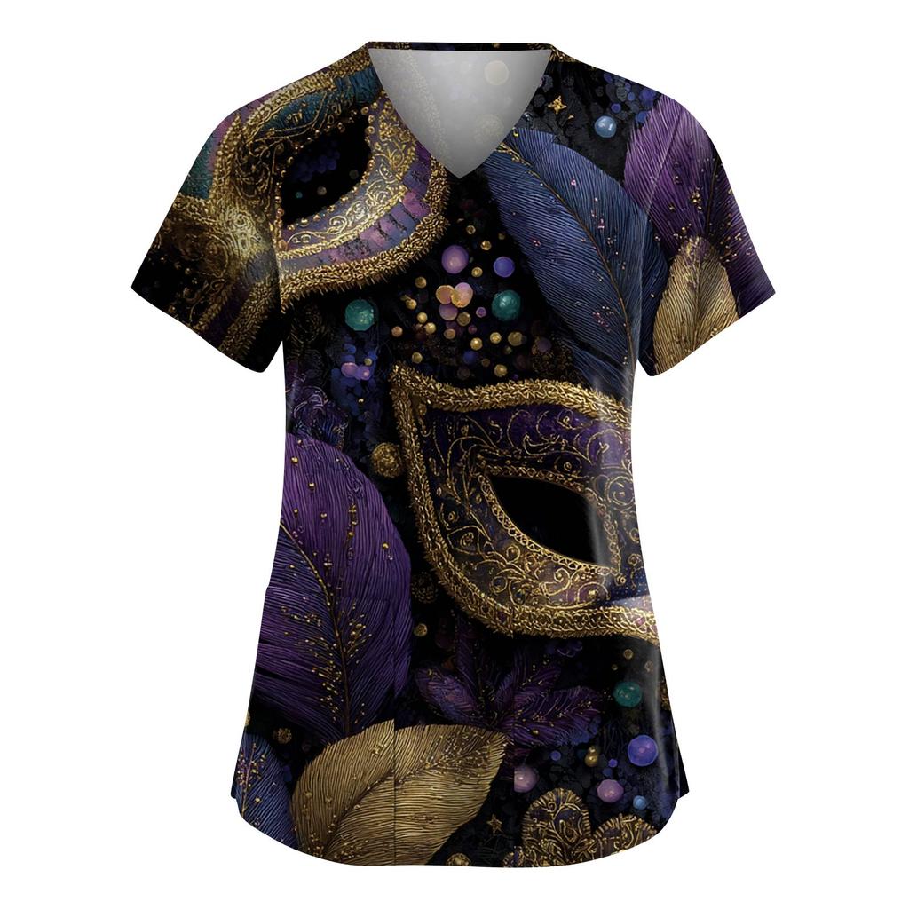 Women's Fashion V-Neck Short-Sleeved Workwear With Pockets Carnival Print Top Caregiver Uniform