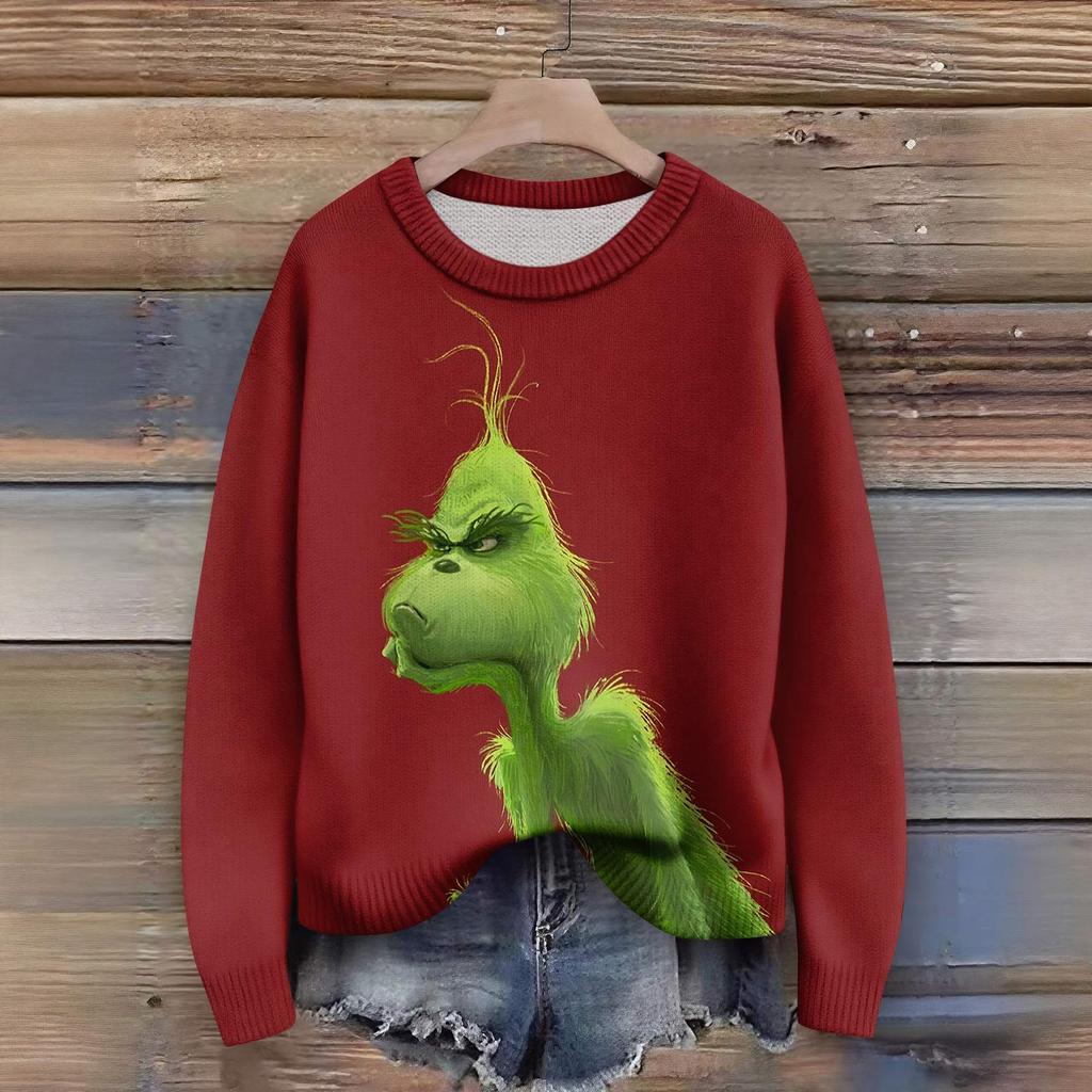 Long Sleeve Pullover Sweaters For Women O Neck Casual Cute Printing Knit Oversized Sweater
