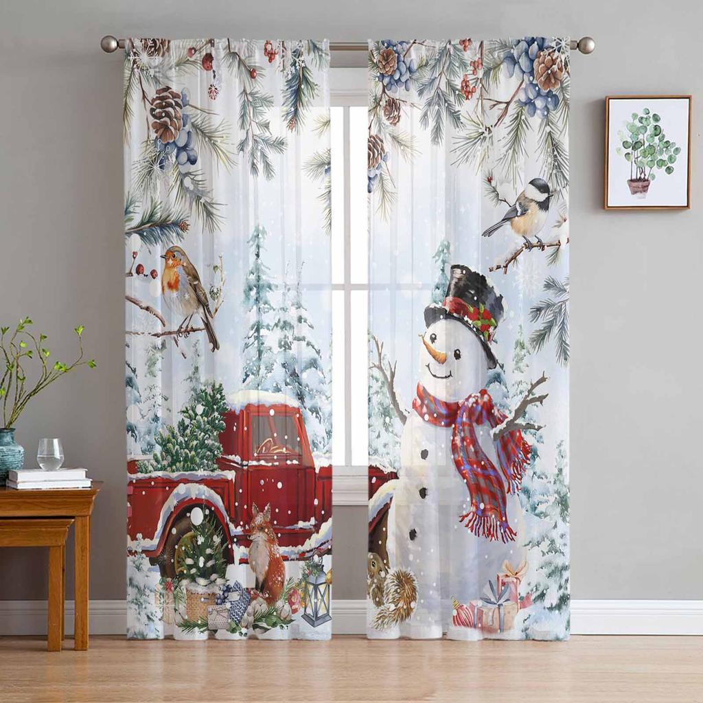 Blue Christmas Tree Christmas Ball Snowflake Sheer Curtains Home Living Room Bedroom Kitchen Window Decor Voile Tulle Curtains