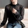 Fleece Lined Brushed Lace Shirt Base Layer Autumn Winter Striped Flocking Versatile Top Sweater Inner Mesh