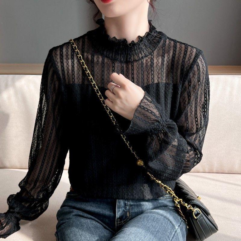 

Бархатный кружевной свитер с начесом в качестве основы для осенне-зимнего полосатого плюшевого универсального сетчатого свитера M чёрный