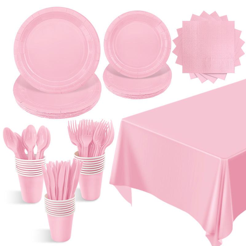 Macaron Pink Party Supplies Set: Disposable Plates, Cups, Napkins & Cutlery