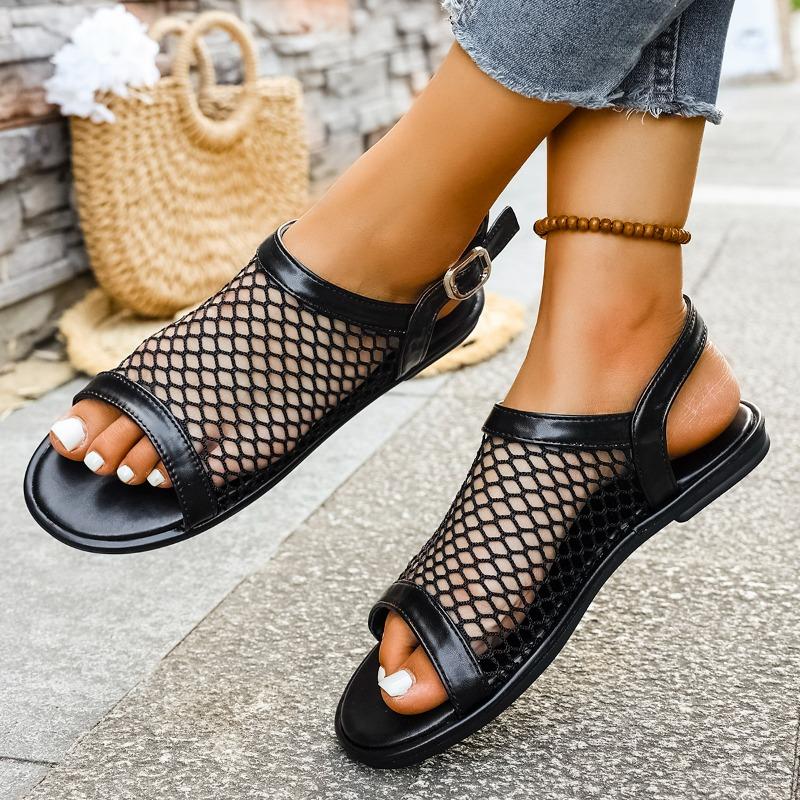 Sommer Neu Mesh Schnalle Fischmaul Ballerinas Übergröße Lässig Leicht Vielseitig Bequem Strandsandalen Damen
