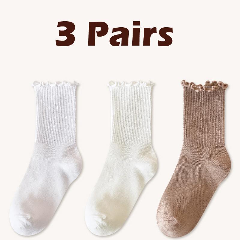 

3 пары осенне-зимних женских носков до середины икры с высокой ценностью, черные с грибным краем, повседневные элегантные однотонные хлопковые носки, носки каваи Size 35-40