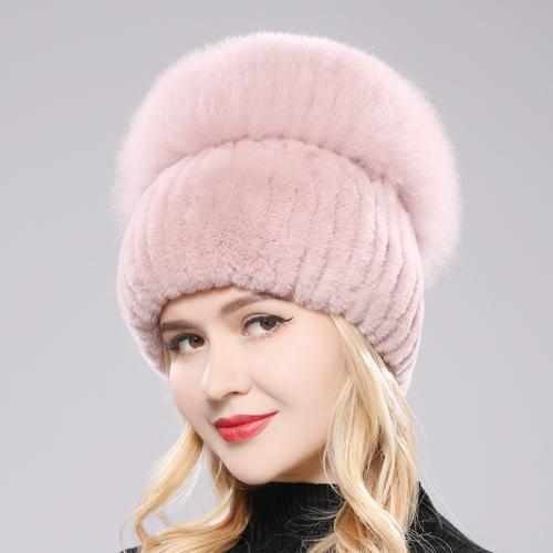Female'S Hat Good Elastic Natural Fluffy Real Fox Fur Hat New Winter Women Knitted Real Rex Rabbit Fur Hats Lady Real Fur Cap
