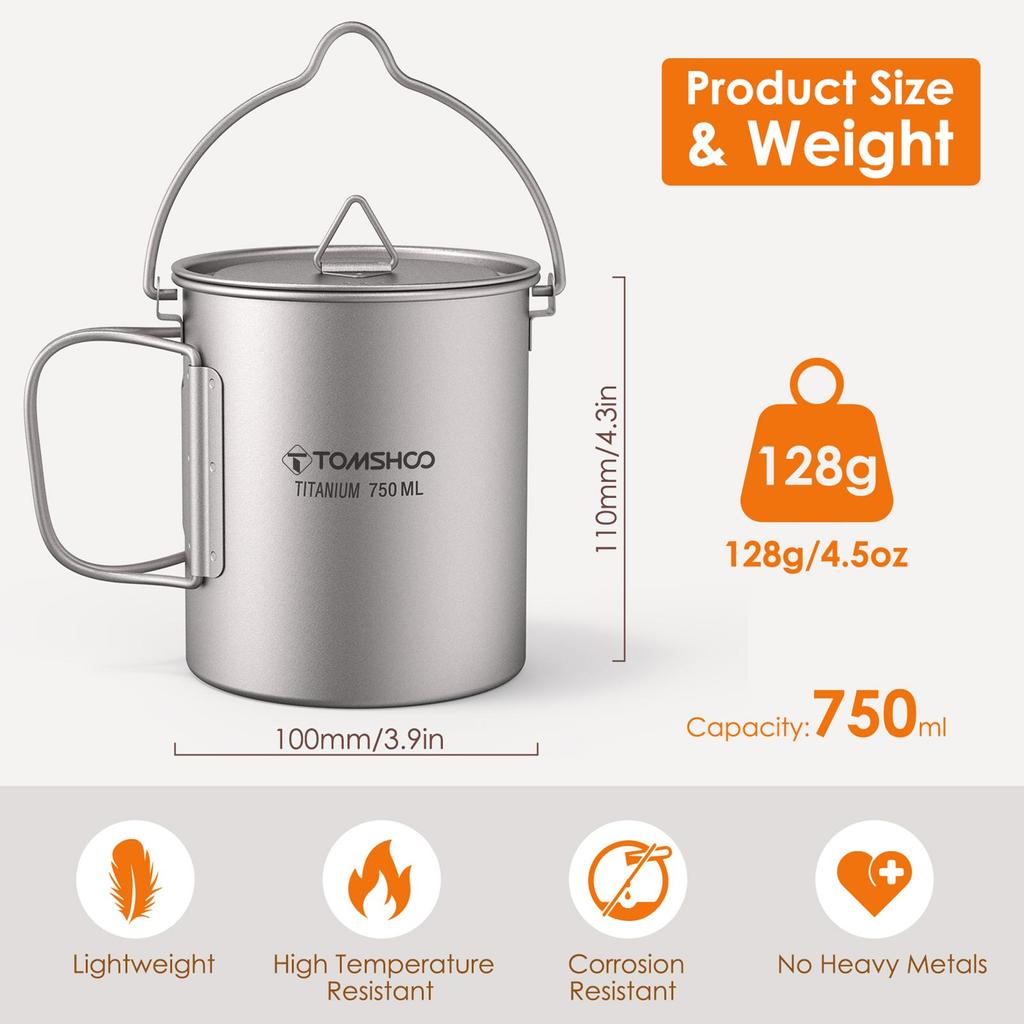 TOMSHOO Ultralight 750ml Titanium Pot Portable Titanium Water Mug Cup with Lid and Foldable Handle Outdoor Camping Cooking Picnic