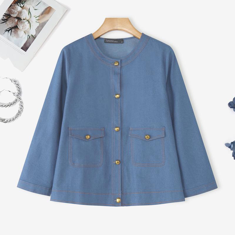 ZANZEA Women Casual Round Neck Long Sleeve Vintage Denim Blouse