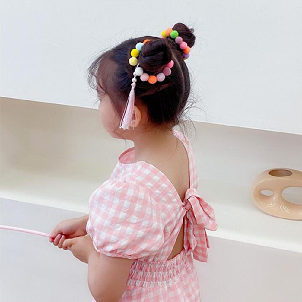 1 Pair of  Hair Band  Cloth  Tassel   Colorful Ball  Plush  Retro Style  Hair Band