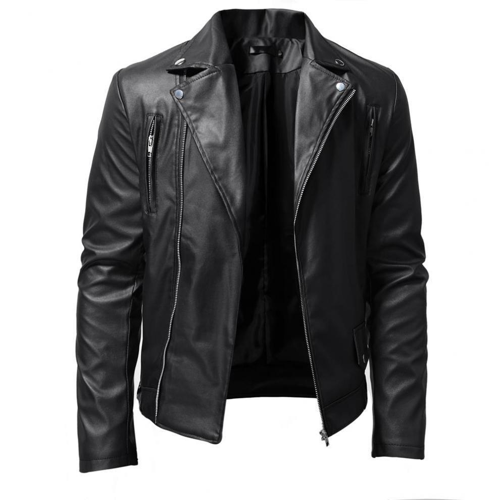 2022 Men's Fashion PU Leather Biker Jacket with Stand Collar - European and American Style