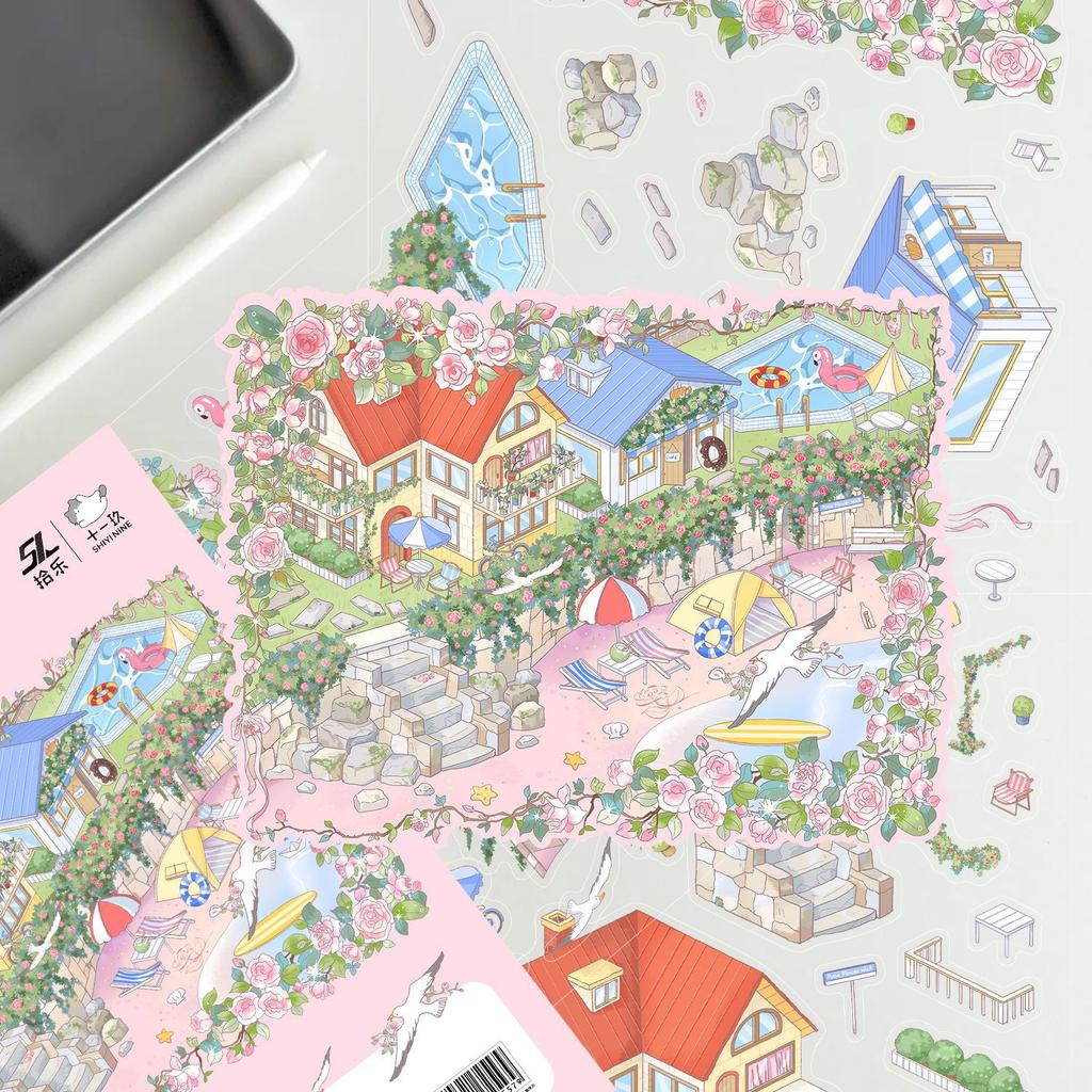 Cartoon Rose Seashore Vacation Landscape Sticker 3D Miniature World Unzip DIY Scene Manual