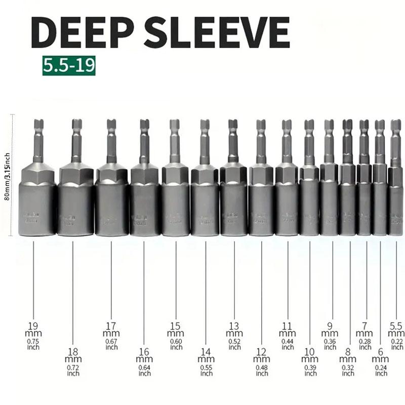1/4" Hex Shank Nut Drivers Set 5.5mm-19mm Socket Adapter Tool Kit Nut Driver 80mm Deepen And Lengthen Wrench Repair Tools