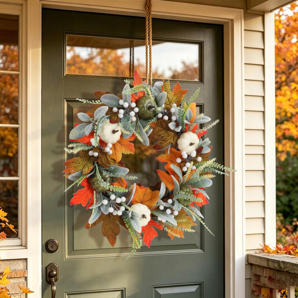 Artificial Pumpkin and Leaf Wreath 40/45cm Fall Harvest Decorative Door Wreath with Faux Berries and Foliage for Seasonal Home Decor