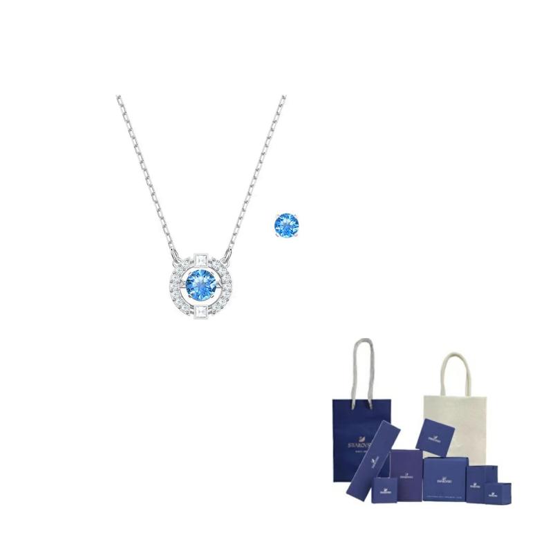 Swarovski Una Hoop Earrings Necklace Set Womens Blue/Plated White F-Original Brand Box And Bag