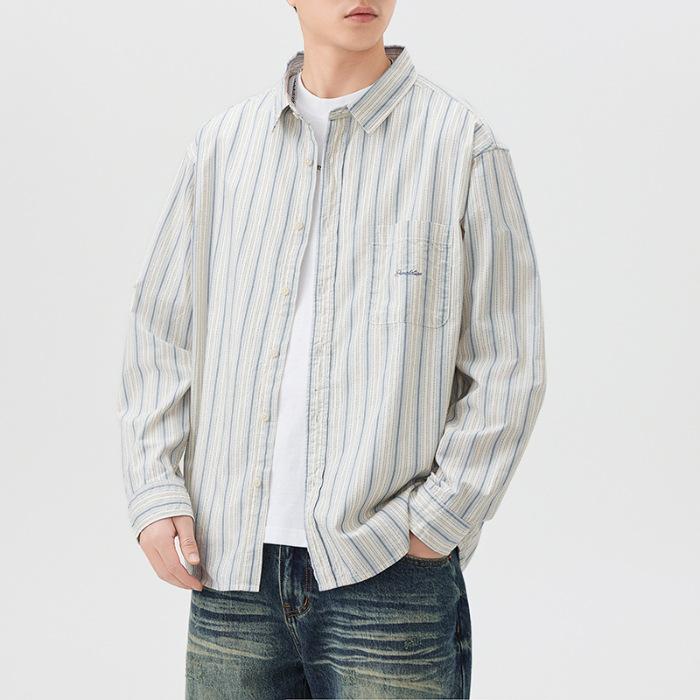 

Японская полосатая хлопковая рубашка Мужская модная универсальная свободная повседневная американская весенняя новая рубашка 3XL
