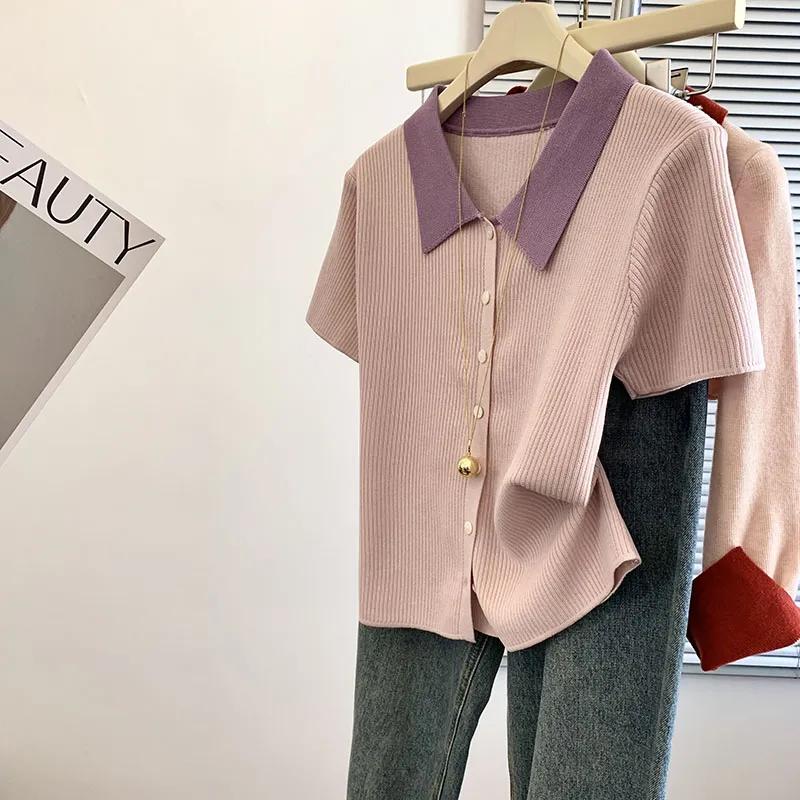 

Летняя новая универсальная футболка с коротким рукавом из ледяного шелка для женщин, с воротником-поло, контрастный модный топ S розовый