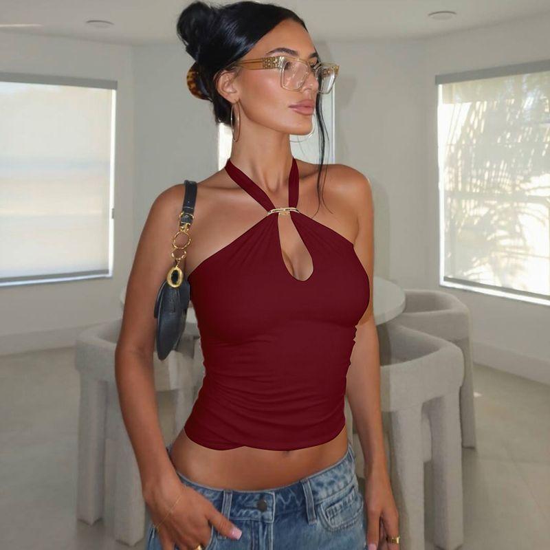 Pure Color Fancy Metal Buckle Halter Lace-up Vest 2025 Summer Wear Sexy Silm Slimming Short Top