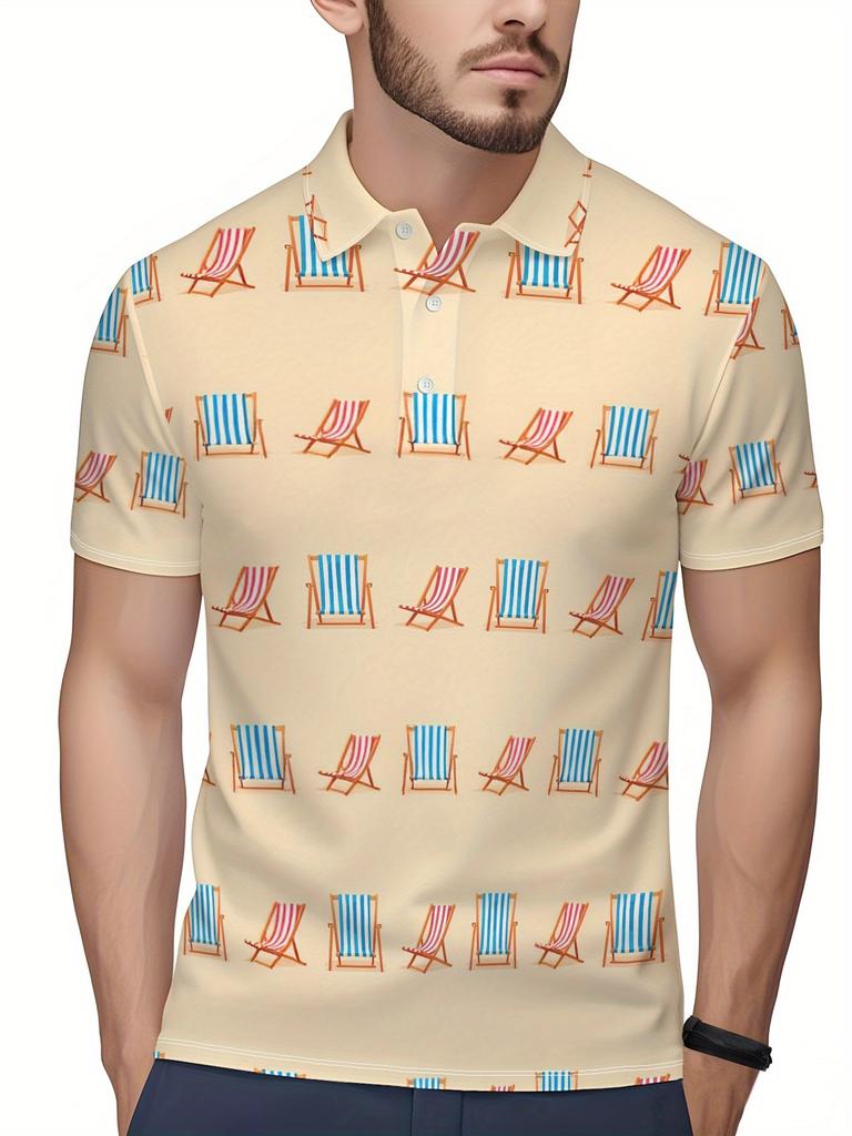 Men's Short Sleeve Polo Shirt with Flat Digital Print Pattern - No Texture
