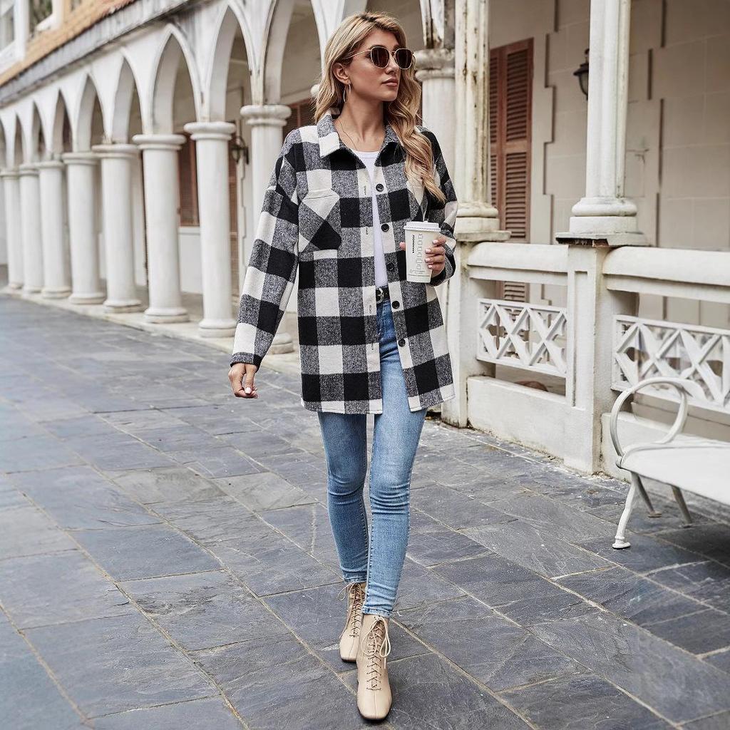 Women's Plaid Turn-Down Collar Loose Casual Jacket - European & American Autumn/Winter Fashion