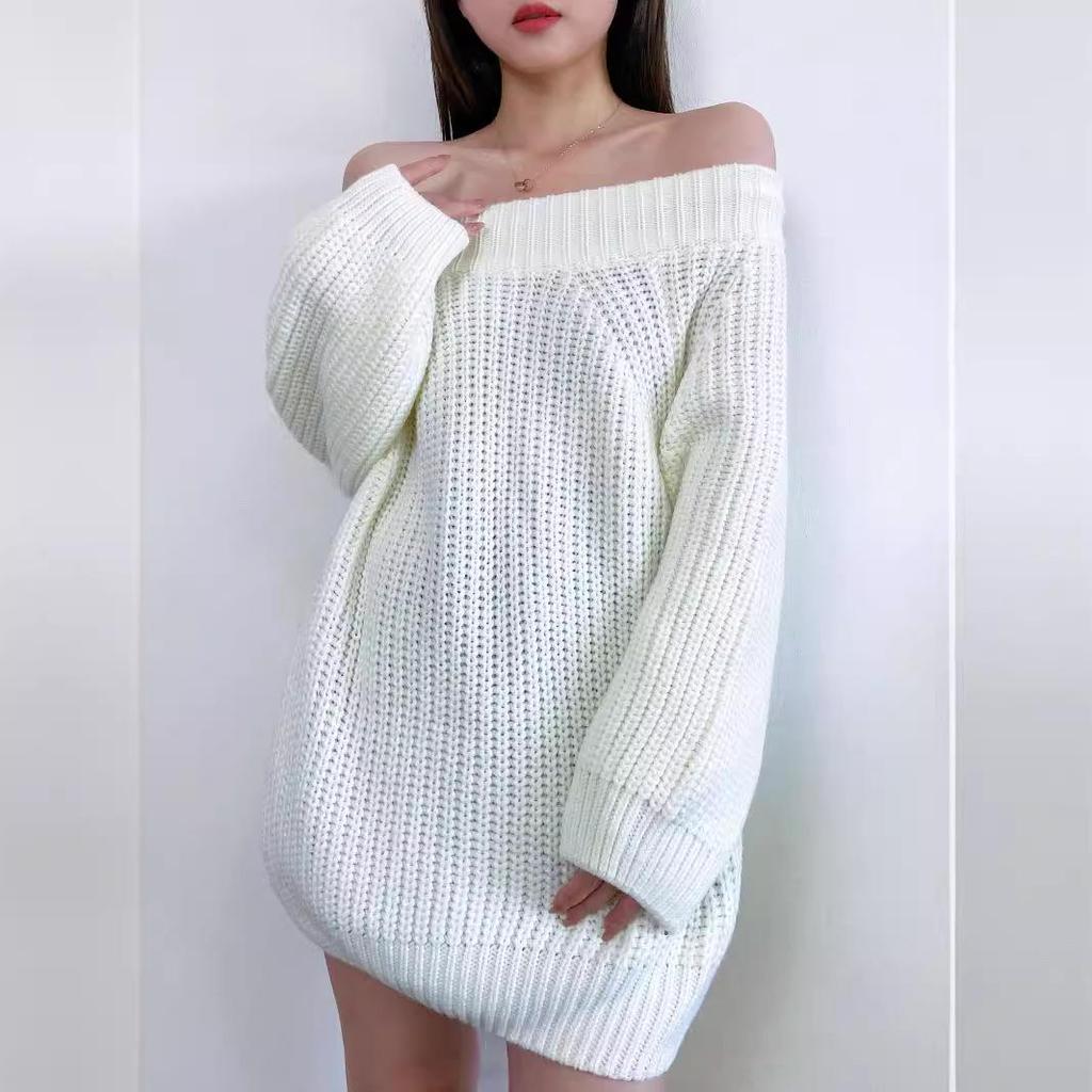 Hiver Femmes Épaississement Sexy Col Une Ligne Pull-over Pull Tops Amples Grosse Aiguille Manches Lanternes Tricot Pull Marée