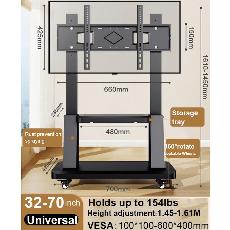 Mobile TV Stand, Tilt Rolling TV Cart with Media Shelf and Locking Wheels, Fits 32-70” TVs, Holds Up to 154lbs,Max VESA 600x400m
